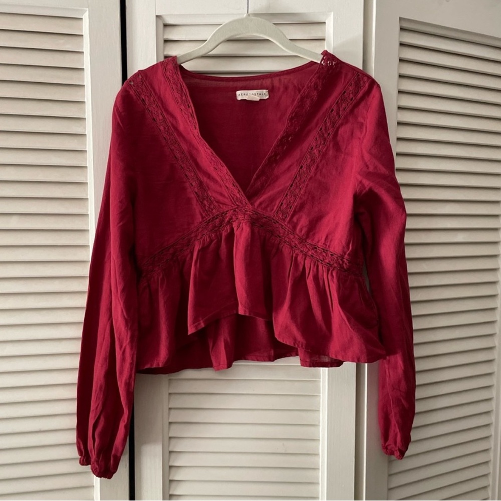 Aeropostale Red Ruffled Peplum Puff Sleeve Blouse